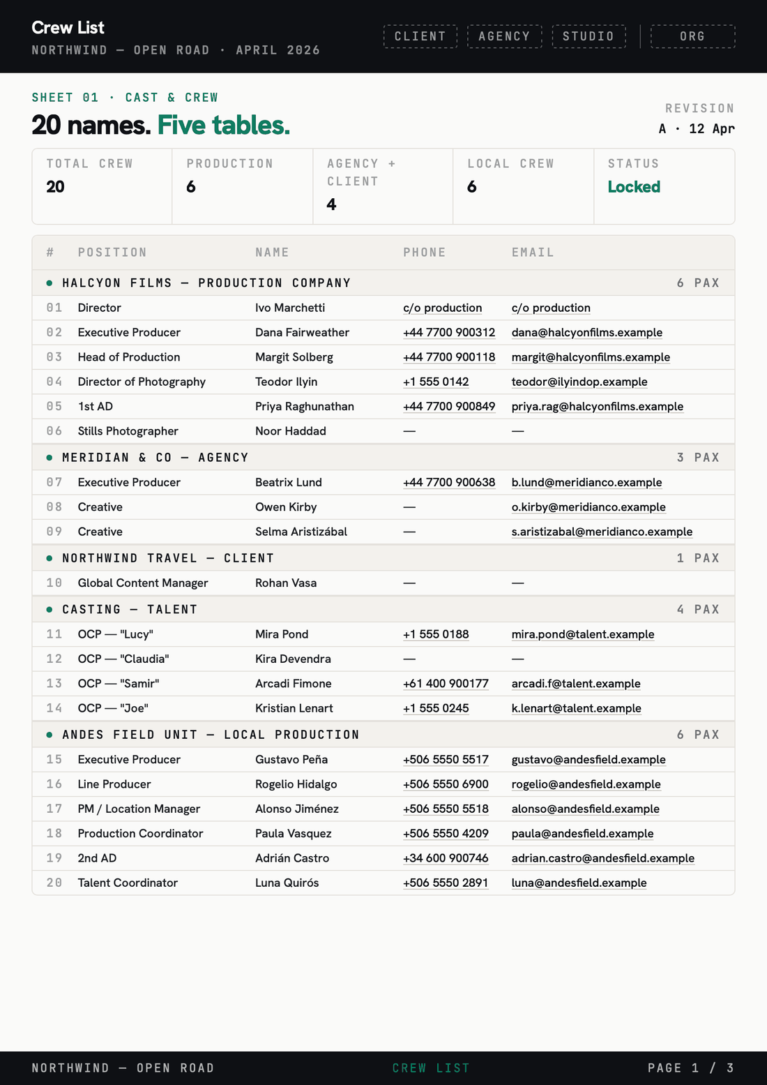 Studio voice — sample crew list